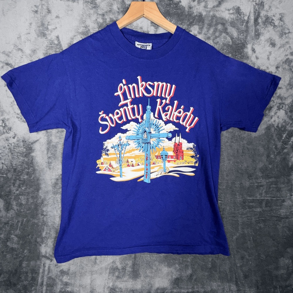 Lee Vintage Mens T-Shirt M Lithuanian Christmas‎ Single Stitch Made in USA Blue